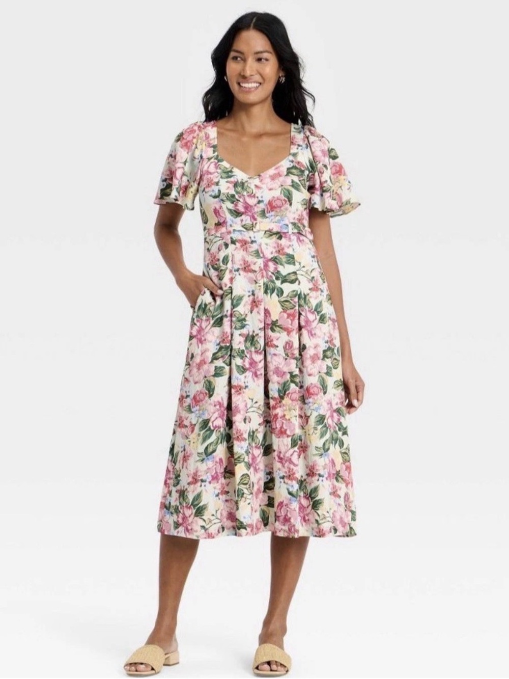 a new day Pink Floral Midi Dress with Green Leaves b198ep